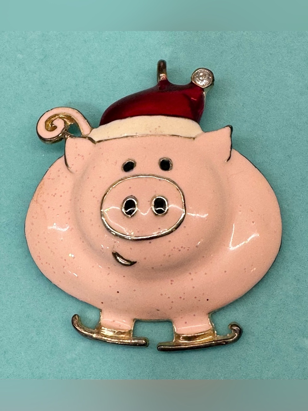 🐷 Vintage Miriam Haskell Christmas Pig Ornament Pendant, Enamel & Gold Tone
